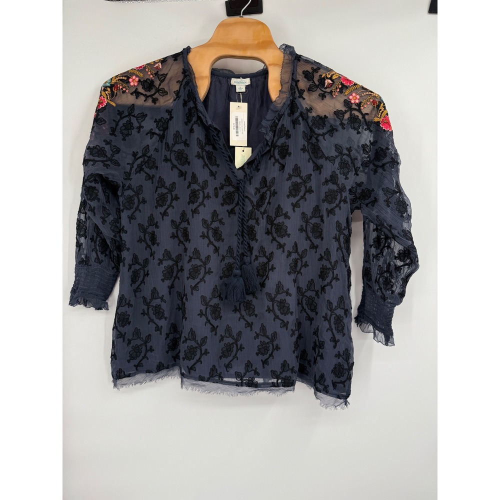 Sundance Gemma Elegance Top Blouse Longsleeve Embroidered Boho Blue NWT Sz L